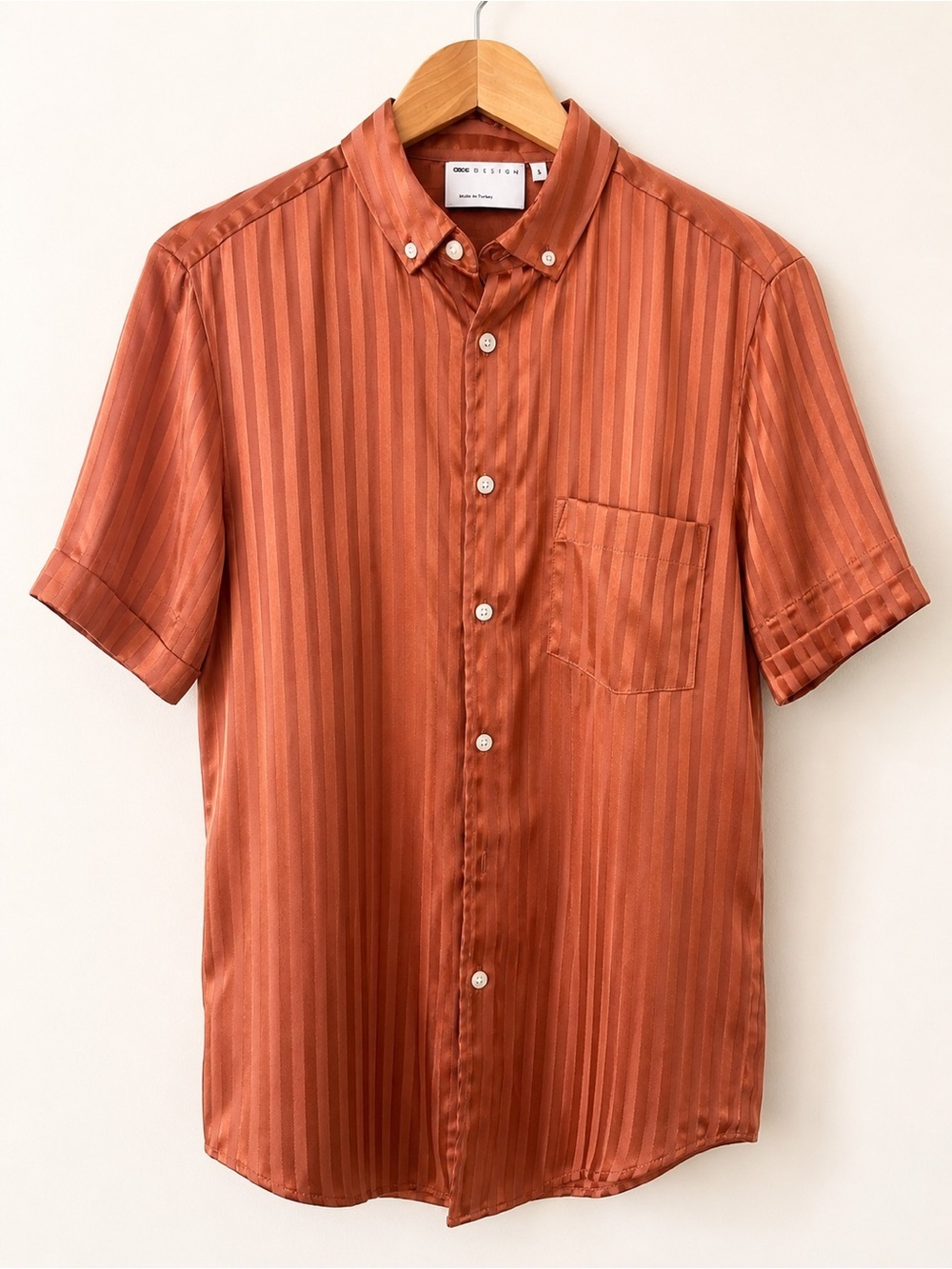 ASOS Design Satin Stripe Button Down Shirt Copper Rust Small